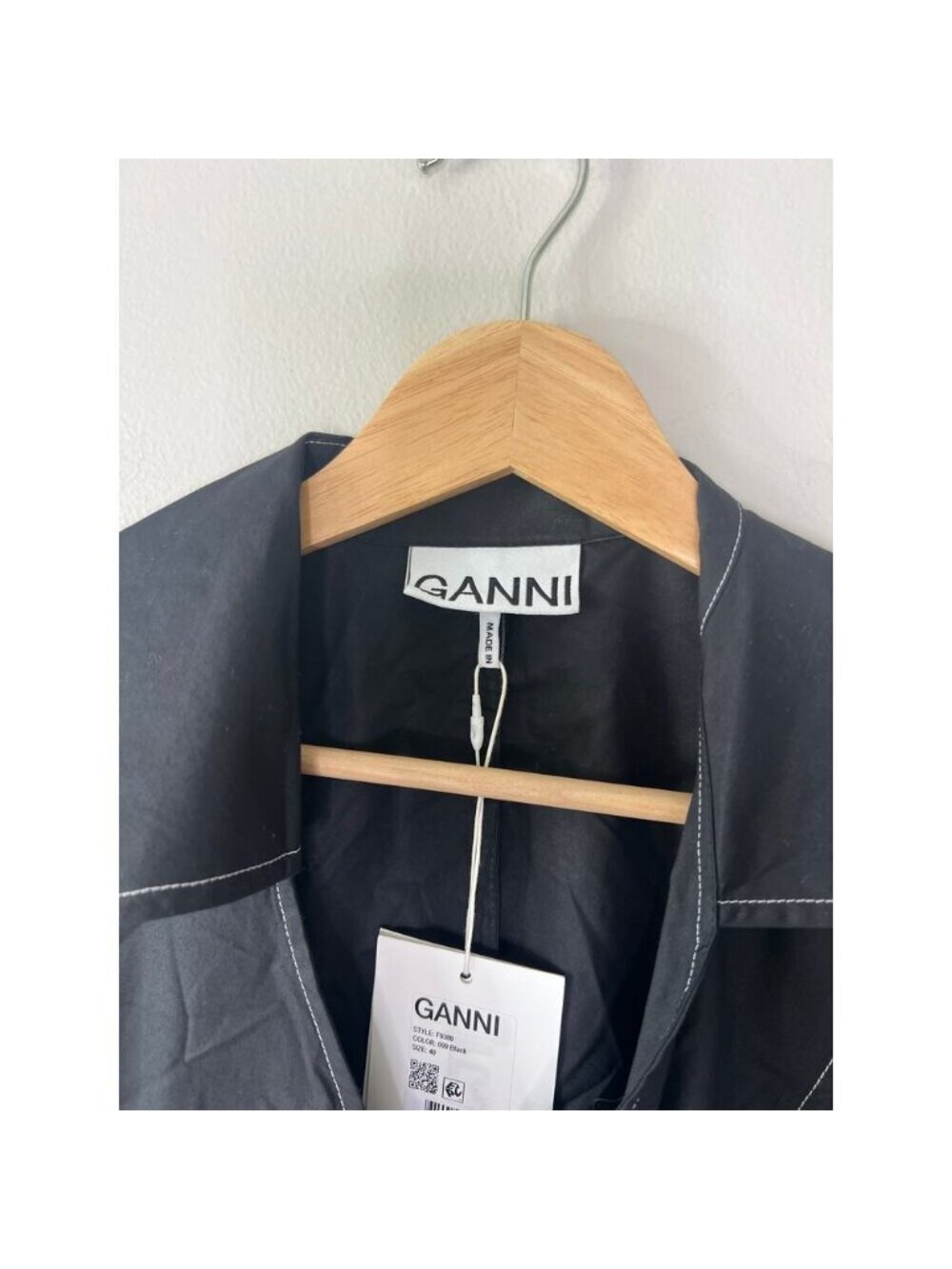 NWT GANNI Cotton Poplin Wrap V Neckline Short Sleeves Mini Dress Black Size: 8 - Picture 4 of 7